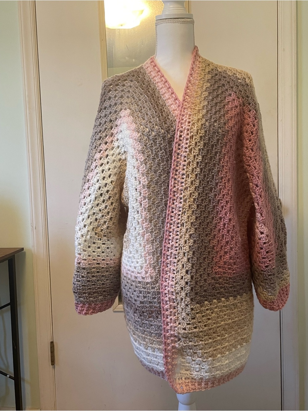 Hand Crafted Pink, Cream & Taupe Gradient Crochet Cardigan